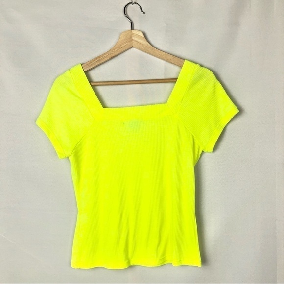 NEW Good Luck Gem Neon Yellow Ribbed Square Neck Short Sleeve M - Picture 4 of 5